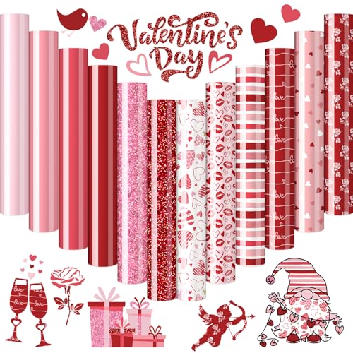 JarThenaAMCS 12 Sheet Valentine’s Day Heat Transfer Vinyl Glitter Pink Red Iron on Vinyl Heart Lip Printed HTV Adhesive Craft Vinyls for Mother's Day Wedding Clothing Costume DIY Fabric Craft - style: Valentine