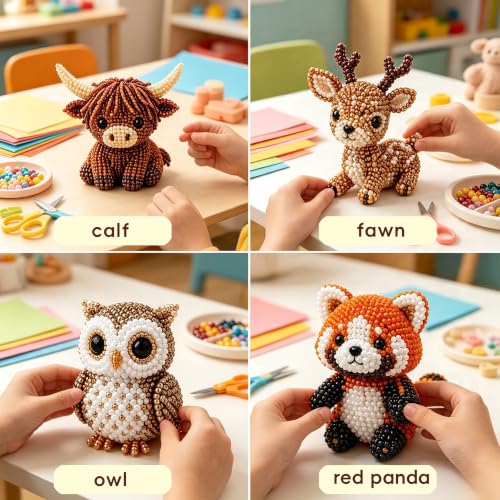 Krucsvaom Bead Kit - 3D Beaded Animal DIY Kit, Bead Animal Making Kit, Bead Kits & Beading Kits for Adults, Bead Embroidery Kit, 4 Cute 3D Animals (Woodland Friends)