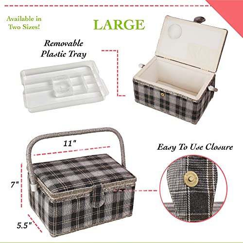 Sewing Basket with Floral Print Design - Sewing Kit Storage Box with Removable Tray, Built-in Pin Cushion and Interior Pocket - by Adolfo Design (Medium - 11" x 7" x 5.5", Dark Gray Plaid) - color: Dark Gray Plaid, size: Medium - 11" x 7" x 5.5"