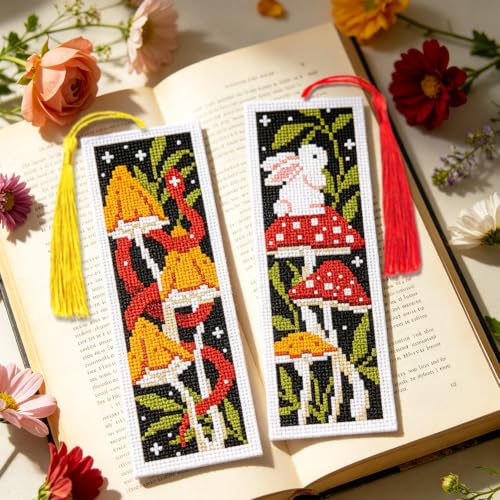 ACRNIGHEET 6PCS Cross Stitch Bookmark Kit for Beginner Stamped Cross Stitch Kits for Adults Mushroom DIY Tassel Embroidery Bookmark Kits Needlepoint Kit with Instructions Craft Gift 8.5''x3'' 11CT - style: Mushroon Animals with Tassel