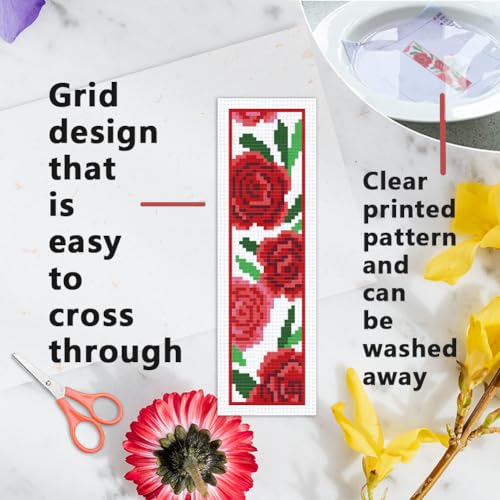 INFUNLY 6pcs Red Rose Cross Stitch Bookmark Kits DIY Sunflower Peach Blossom Embroidery Bookmark Kits for Beginners with Instruction Blue Flower Bookmark Making Kit for Book Lovers Readers Women Gifts - style: Flower