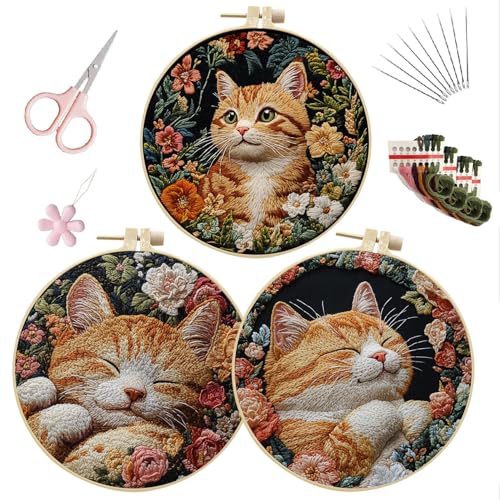 LB Orange Cat Embroidery Kit for Beginners Adults, 3 Sets Hand Embroidery Starter Kit with Floral Pattern and Instructions Stamped Cross Stitch Kits Include Embroidery Hoop Needles Threads Scissors - color: Orange Green