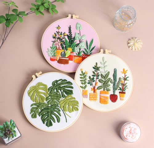 Konrisa Embroidery Kits for Adults Beginner, European Style Garden Plant Green Leaf Stamped Embroidery Starter Kit,DIY Sewing Practice, Needlepoint Cross Stitch Kit,Set of 3 - color: green plant