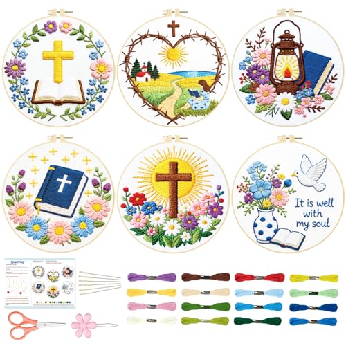 BEUNITONE 6PCS Bible Cross Pattern Embroidery Starter Kit, Hand Embroidery Kits for Adults Beginners Include Hoop Needles Threads and Instruction, Funny Needlepoint Craft Kits for Gifts and Home Decor - style: Bible
