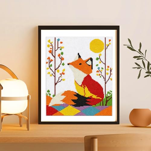 Zhenqing Geometric Red Fox Stamped Cross Stitch Kit for Adults Beginners, 11CT Printed Cross Stitch on White Cotton Fabric, Woodland Animal DIY Needlework Home Decor (66158) - color: Geometric Red Fox
