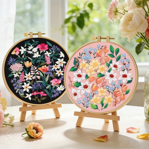 ERKOON Embroidery Kit for Beginners Adult, 2 Set Floral Cross Stitch Set Include Embroidery Cloth Hoops Threads for Craft Lover Hand Stitch with Embroidery Skill Techniques (Flower) - color: Flower