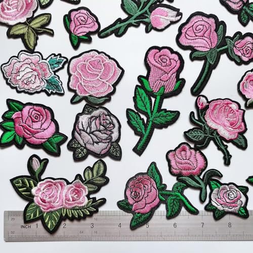 25pcs Rose Iron on Patches, Assorted Sizes Pink Floral Embroidered Patches Applique for Clothes Hats Jeans Jacket - color: Pink Rose