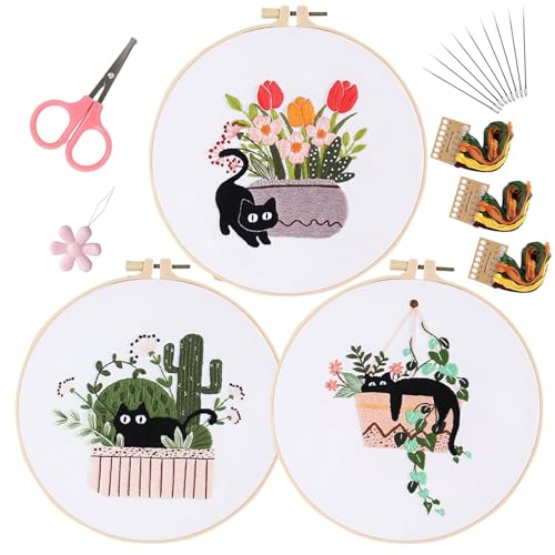 LB Cat Embroidery Kit for Beginners Adults, 3 Sets Hand Embroidery Starter Kit with Cactus Floral Pattern and Instructions Stamped Cross Stitch Kits Include Embroidery Hoop Needles Threads Scissors - color: Black
