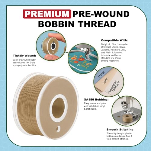 Mandala Crafts Tan 15J SA156 Prefilled Bobbin Thread, 144 PCs - color: Tan, size: Size A 144 X 142 Yards