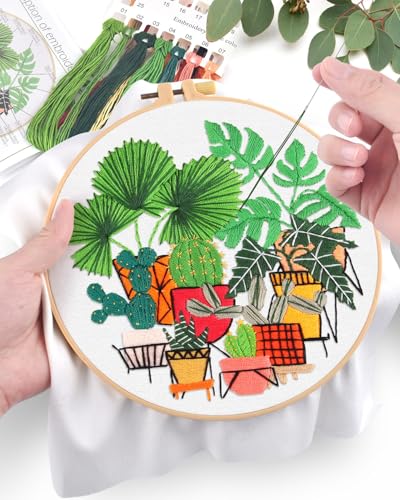 ERKOON Embroidery Kit for Beginners, Flower Cross Stitch Set for Include Embroidery Cloth Hoops Threads for Craft Lover Hand Stitch with Embroidery Skill Techniques (Greenery) - color: Greenery