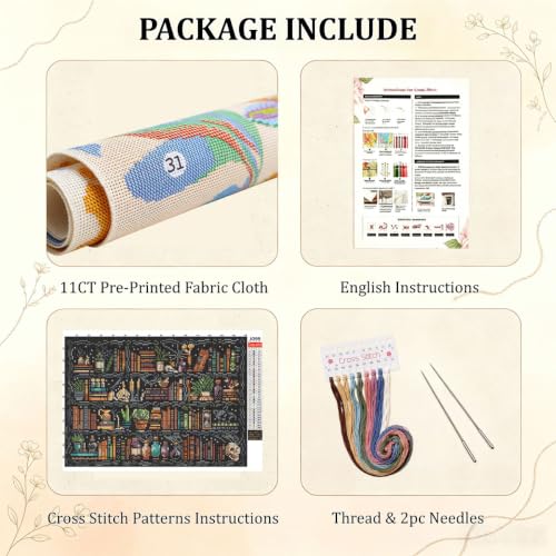 WUSARPLY Bookshelf Stamped Cross Stitch Kits for Beginners Adults - color: J099