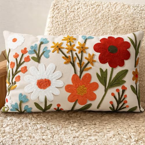 Embroidered Lumbar Pillow Cover 20x12 Inch, Flower Cluster - color: Flower Cluster, size: 20" x 12" (Pack of 1)