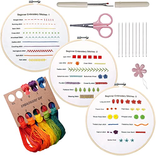 Bonroy Beginners Embroidery Practice kit 3 Sets to Learn 30 Different Stitches for Craft Lover Hand Stitch with Embroidery Fabric with Skill Techniques - color: Learning Stitches