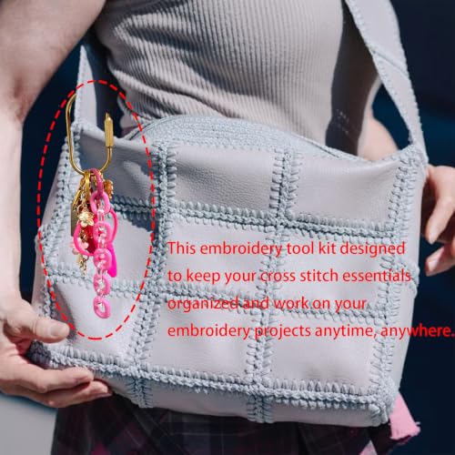 spansee Needlepoint Bag Charm Tool Kit Keychain, Includes Mini Scissors, Needle Threader, Protective Needle Holder Tube, Decorative Chains, Embroidery Project Accessory