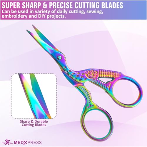 Rainbow Stork Scissors 3.6 inch Extra Sharp Tip Small Embroidery Scissors for Premium Stainless Steel Crane Design Sewing scissors for Stitch Cutting Art & Craft Bird scissors.