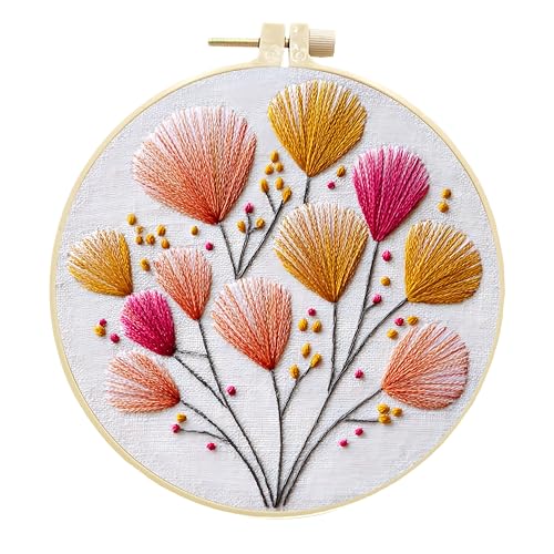 JJFox Embroidery Kit for Beginners and Adults, DIY Hand Embroidery Starter Kit with Cute Pattern, Cross Stitch Needlepoint Set with Hoop, Threads and Instructions (Flower-2) - color: Flower-2