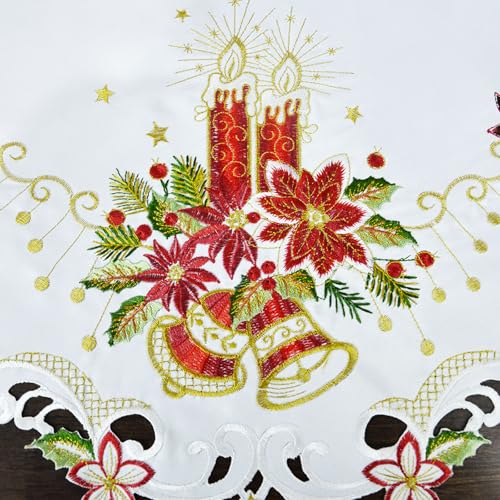 Grelucgo Holiday Tablecloth, White with Red Poinsettia Embroidered Design, Scalloped Edge, Christmas Dining Table Decor (Square 34x34 Inches) - size: 34" x 34" (Square)
