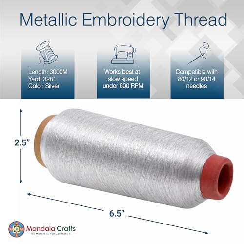 Mandala Crafts Metallic Silver Embroidery Floss for Sewing, 3281 Yard Spool - color: Silver, size: 3000M 3281 Yard