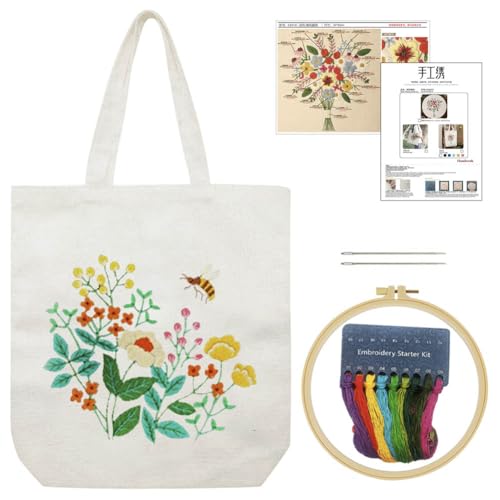 YANGSHINE Canvas Tote Bag Embroidery Kit with Pattern, Cross Stitch Kits for Beginners, Adults Arts Crafts Needlepoint Kit Include Embroidery Bag, Hoop and Instruction (Beige Bag, Flower and Bee) - color: Beige Bag, Flower and Bee