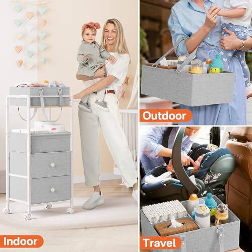 3In1 Modanais Baby Diaper Caddy Organizer Cart with Drawers, Light Gray - color: Light Gray