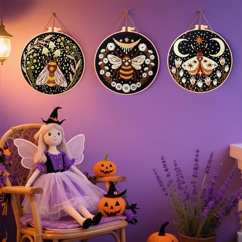 Hand Embroidery Starter Kits for Beginners Adults, Counted Stamped Cross Stitch Kit for Beginners Adults, Embroidery Needlepoint Kit with Moth Flower Pattern, 3 Hoops (Attached Teaching Video QR Code) - color: Moth