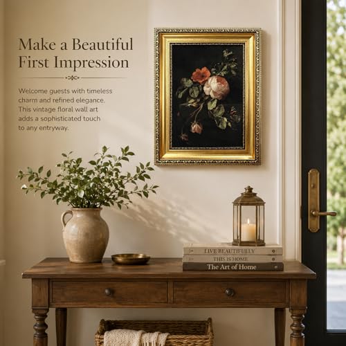 Vintage Gold Framed Moody Floral Wall Art,Dark Rose Still Life Canvas Print - color: Floral Gold Framed, size: 16"L x 12"W