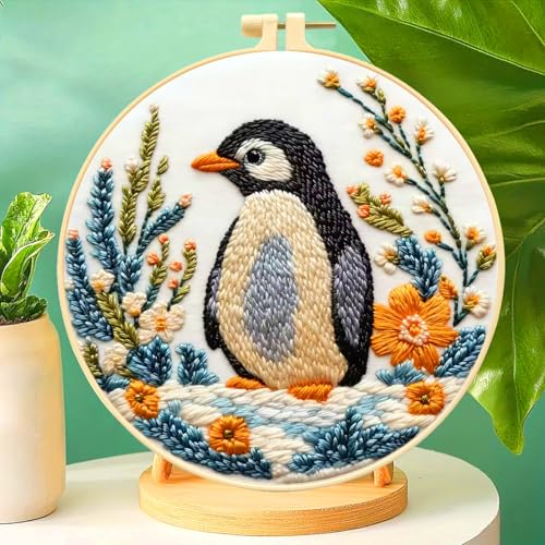 Zhenqing Penguin Embroidery Kit for Beginners, Cute Penguin Needlework Craft with Pre-Printed Cotton Fabric, Hoop, Threads & Tools, Animal Decor (C0070) - color: Penguin in Bloom