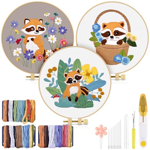 TINDTOP 3 Pack Embroidery Kit for Adult Beginners, Embroidery DIY Starter Kit, with Raccoon Stamped Patterns, Hoop, Tools, Colorful Threads with Needles, Instructions - color: Raccoon