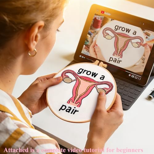 Hand Embroidery Kits for Beginners Adults, Grow a Pair Uterus Embroidery DIY Kit, Stamped Cross Stitch Kits for Beginners Adult Craft Kits for Women, Entire Set of Embroidery Supplies & Video Tutorial - color: H2072, size: 8Inch