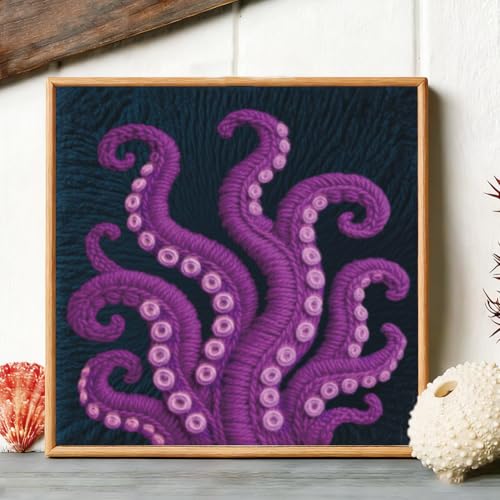 BEUNITONE Punch Needle Kit for Adults Beginners with Tentacle Pattern, Complete DIY Craft Needlepoint Kits with Hoop, Punch Needle Starter Craft Embroidery Set for Festival Gift & Home Decor 9.4x9.4" - color: 09-Octopus Tendons