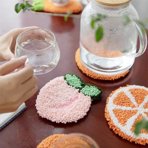 Allazone Punch Needle Coasters Kit, 6 Pattern Embroidery Punch Needle Kits, Punch Embroidery Kit, Fruit Pattern Coasters with Felt Yarns Hoop Tools for DIY Crafts - color: 6PCS Coasters