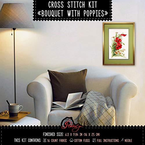 Povitrulya Counted Cross Stitch Kit 'Bouquet with Poppies' - Poppies and Daisies Wildflowers Hand Embroidery Set … - color: Bouquet with Poppies