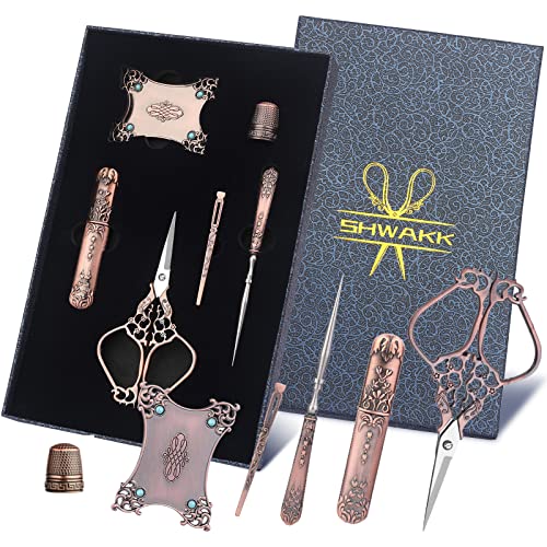 SHWAKK Embroidery Scissors Kit, Vintage Red Stainless Steel Craft Scissors - color: Vintage Red