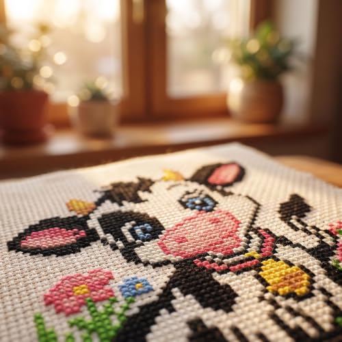 WUSARPLY Cow Stamped Cross Stitch Kits for Beginners Adults with Framed - color: DKJ032