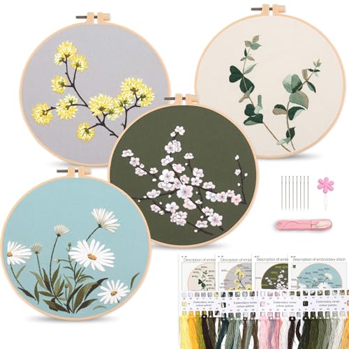 Harimau Adult Beginner Embroidery Starter Kit, Complete Set with 4 Patterns, 2 Hoops, Needles, Scissors, Instruction Guide & Stitching Video Tutorials - color: Floral8 pattern