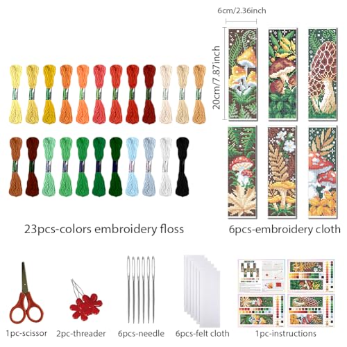 FREEBLOSS 6 Set Cross Stitch Bookmark Kit for Beginner Adults Mushroom Stamped Embroidery Bookmark Kits Cross Stitch Kits with Instruction Bookmarks Making Kit for Book Lovers 8x2.4in/22x8cm - style: Mushroom