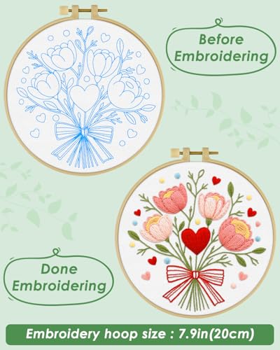 ERKOON Embroidery Kit for Beginners Adult, Flower Cross Stitch Set Include Embroidery Cloth Hoops Threads for Craft Lover Hand Stitch with Embroidery Skill Techniques (Bouquet) - color: Bouquet