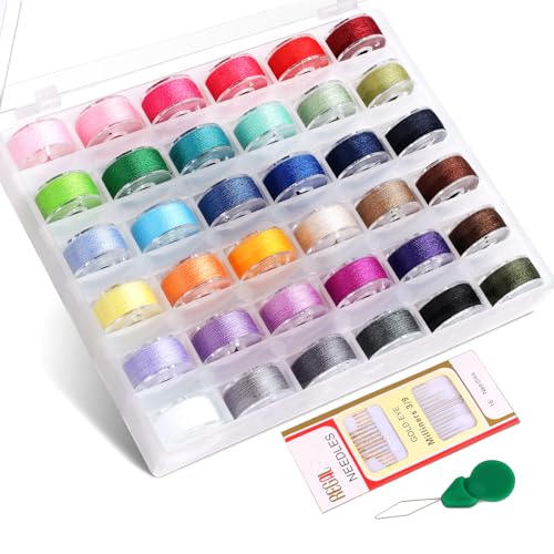 36Pcs Bobbins and Sewing Threads Prewound Bobbins with Case, Needle and Threader for Babylock Singer Janome Brother Multiple Sewing Machine, Standard Size and Assorted Colors