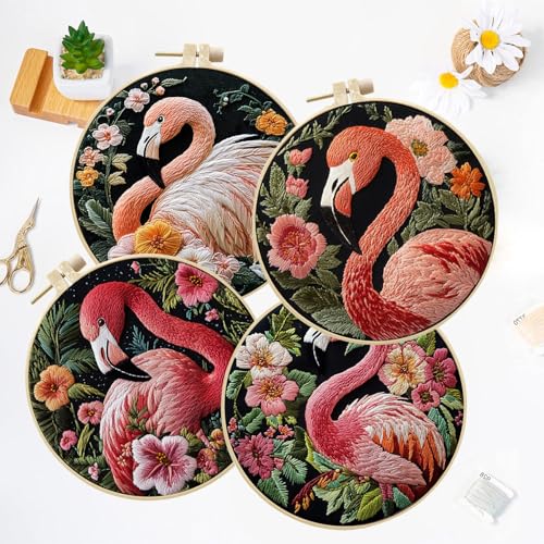 LB 4 Pack Pink Flamingo Embroidery Kit for Beginners Green Leaf Plant Beginner Embroidery Kit for Adults DIY Starter Kit with Embroidery Hoop Colorful Threads Tools Step by Step Instructions - color: Pink and Green