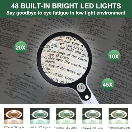 10X 20X 45X Magnifying Glass with 48 LED Light - color: White Handle
