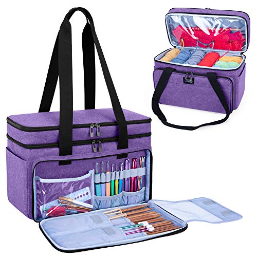 CURMIO Double-Layer Knitting Tote Bag, Yarn Storage for Crafts, Purple - color: purple