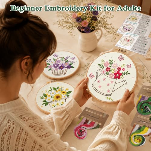 Louise Maelys 3 Pack Flower Pot & Basket Embroidery Kit for Beginners - color: Flower Pot