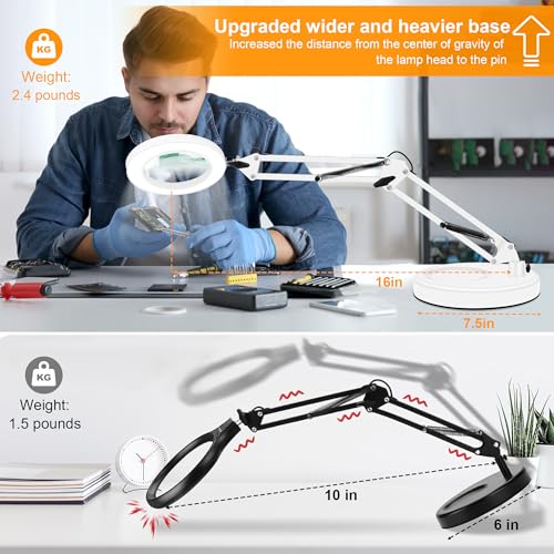 10X Magnifying Glass with Light and Stand, Magnifier with Light Hands Free, 3 Color Modes 10 Level Dimmable, Magnifying Real Glass LED Desk Lamp for Close Work, Repair, Reading, Craft, White