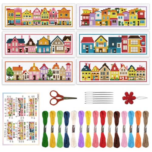 ORIGACH 6 Set Colorful Town House Cross Stitch Bookmark Kit for Beginner - style: Small Houses