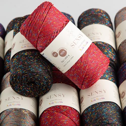Sensy Premium 2mm 251 Yards Sparkle Polyester Rope 90% Polypropylene 10% Polyester Cord Macrame Cord 2mm Crochet Bag Cord Macrame Rope Crochet Thread for Knitter (Black Multi Sparkle) - color: Black Multi Sparkle, size: 1 Skein