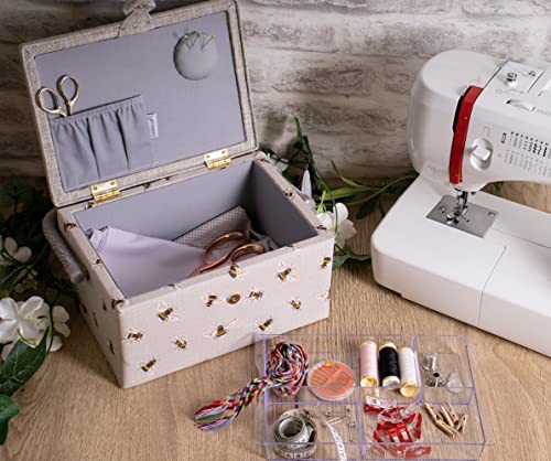 Hobby Gift Medium Sewing Box Organiser, Fabric Covered Storage Box with Handle, Internal Tray, Pin Cushion and Pocket for Sewing, Quilting and Knitting Supplies - color: Bee Happy