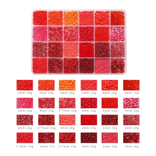 24 Grid Red Glass Seed Bugle Tube Beads Kit for Jewelry Making DIY Craft - color: red, size: 24 Grid