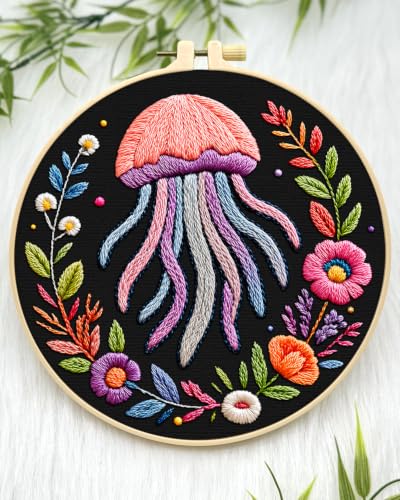 ERKOON Embroidery Kit for Beginners Adult, Cross Stitch Set Include Embroidery Cloth Hoop Threads for Craft Lover Hand Stitch with Embroidery Skill Techniques (Jellyfish) - color: Jellyfish