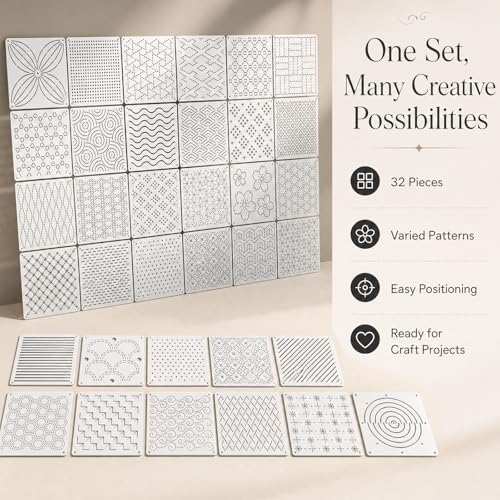 32 PCS Sashiko Stencil Kit, 5.1x5.1 Inch Reusable Pattern Drawing Templates,Durable Plastic Craft Stencil for DIY Sewing, Embroidery, Scrapbooking and Handmade Art Decoration