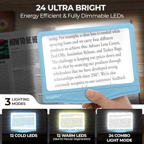 MagniPros 5X Large LED Hands-Free Full Page Magnifying Glass with Detachable Stand & 3 Color Light Modes to Reduce Eye Strain, Ideal for Reading Small Prints, Crafting, Low Vision & Seniors - color: Blue With Stand